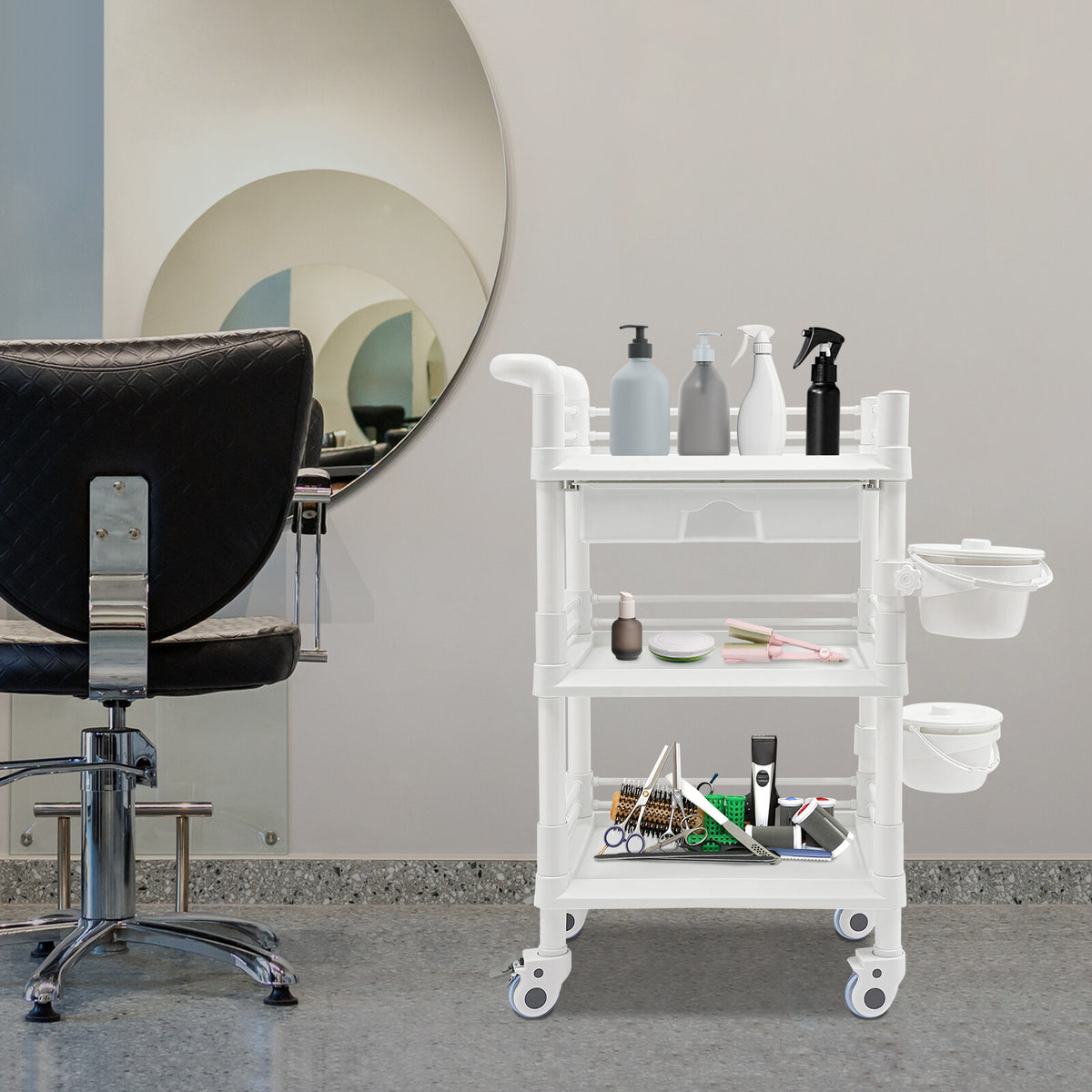 Salon Trolley Cart with 3 Tiers and 2 Garbage Baskets - Rolling Beauty Storage Station