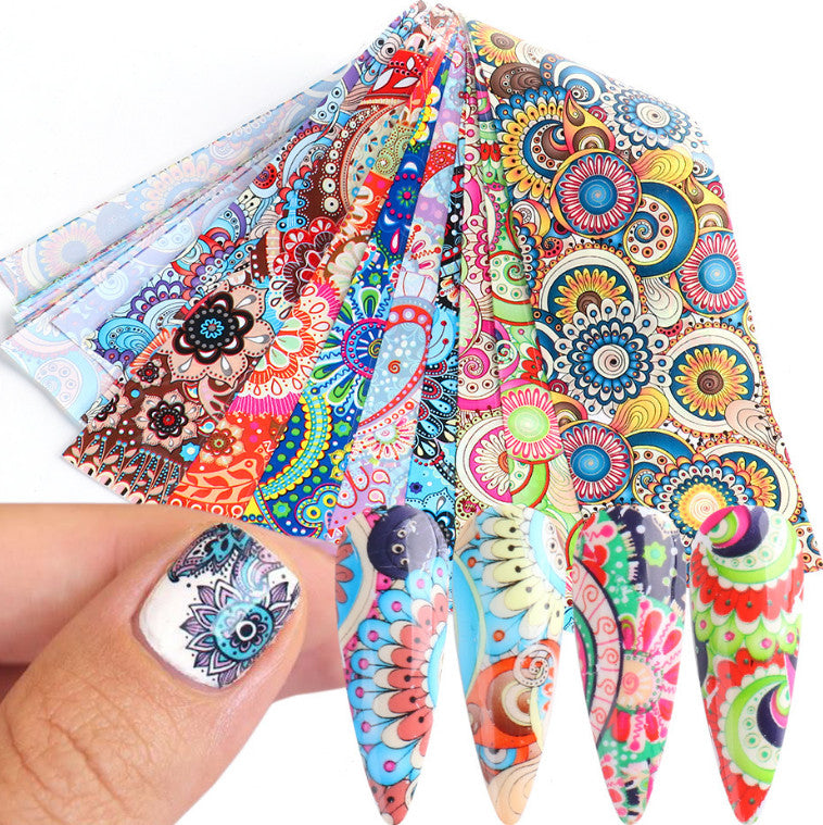 10 Sheets Bohemian Floral Nail Transfer Foil Decals for Nail Art DIY