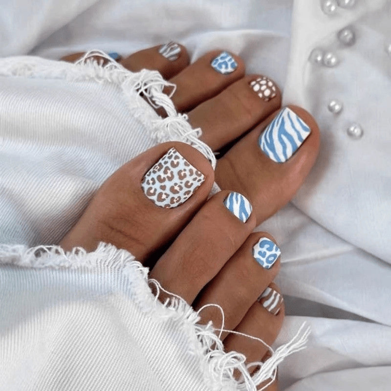 48pcs Short Square Press-On Toe Nails Blue White Leopard Zebra Print