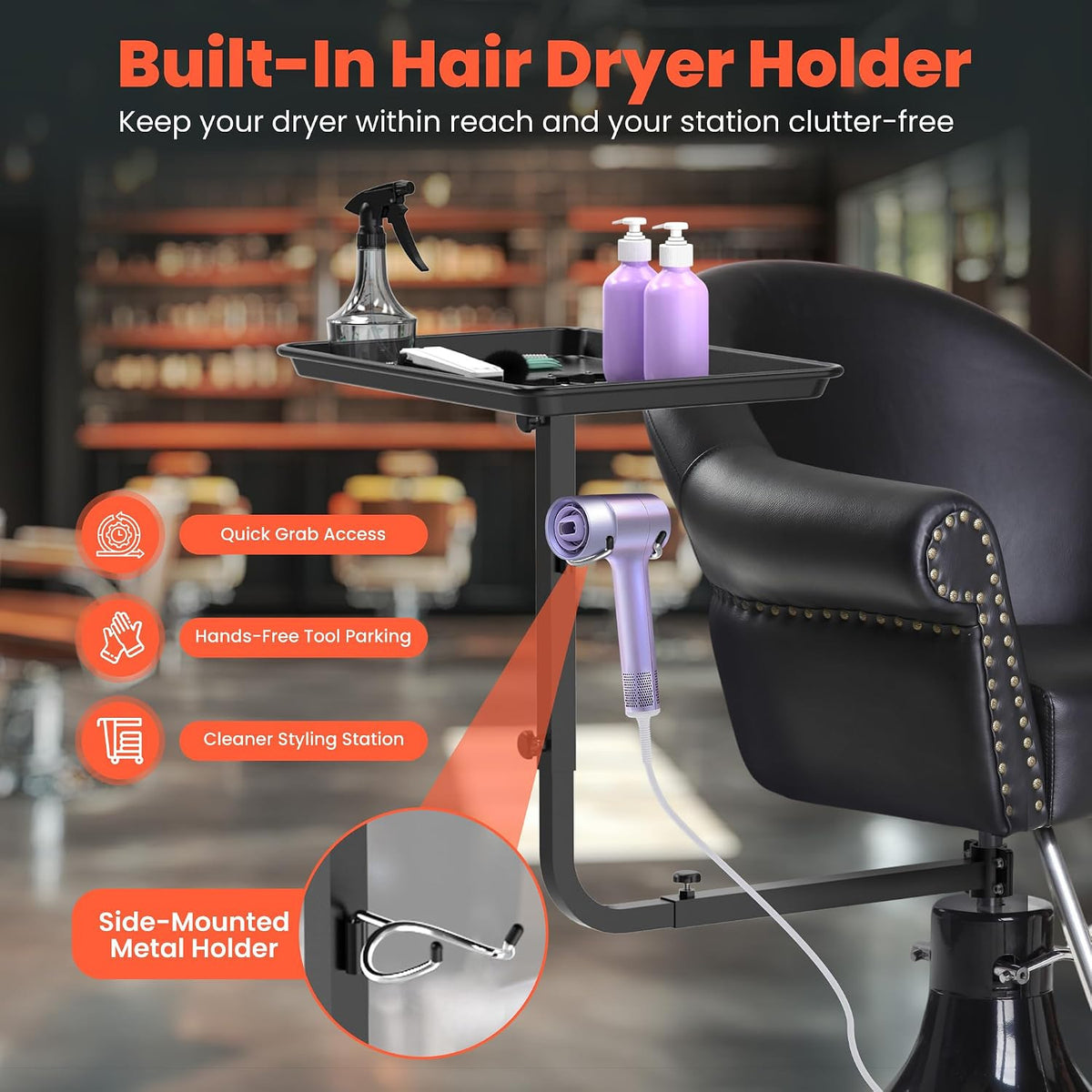Chair Mounted Hair Tray with Magnetic Bowls and Dryer Holder for Salon & Barber