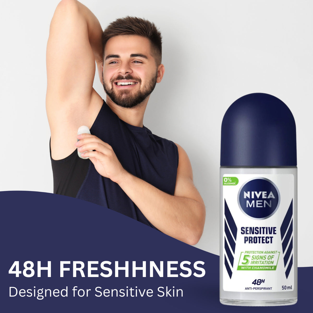 Nivea Men Sensitive Deodorant 48H with Chamomile - Alcohol-Free Roll-On, 6-Pack
