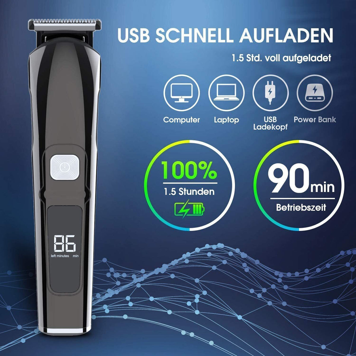 Cordless Men’s Hair Clippers & Trimmer Kit with 6 Attachments & LCD Display