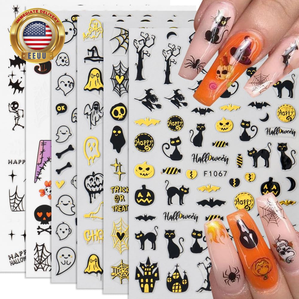 Halloween Ghost Nail Stickers - 3D Self-Adhesive Gold & Black Decals for Nail Art