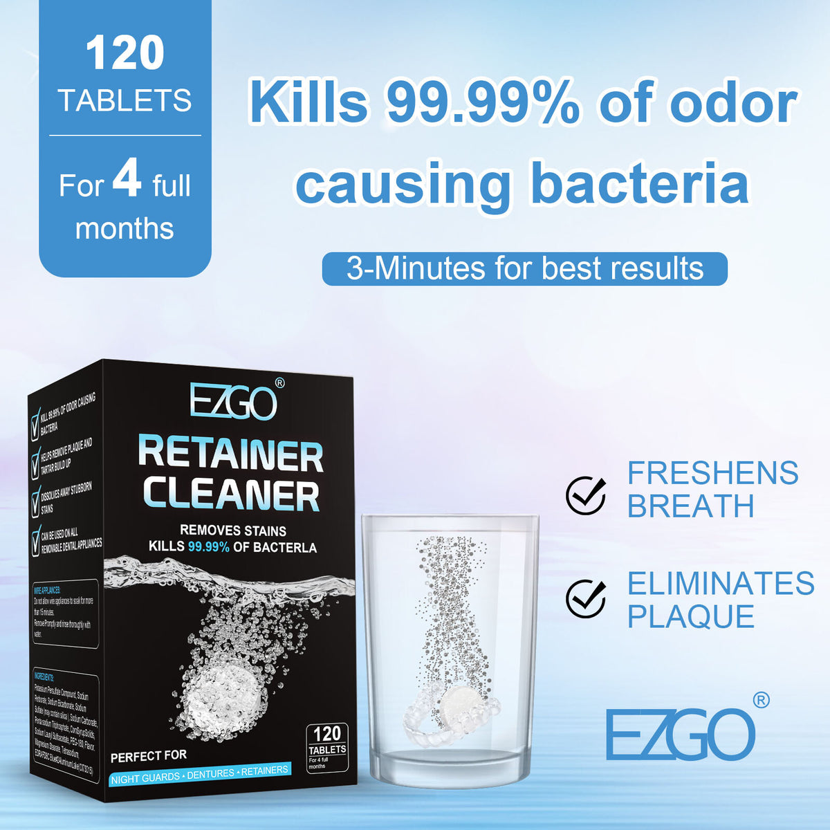 Denture Retainer Cleaner Tablets - 120 Ct Fast Germ-Killing Plaque Remover