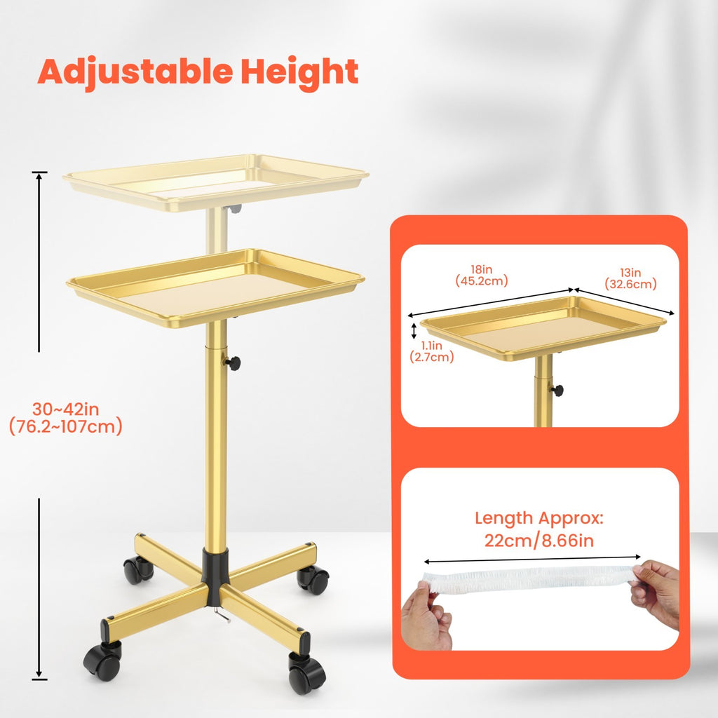 Adjustable Salon Rolling Trolley on Wheels - Gold Aluminum Hair & Tattoo Tray