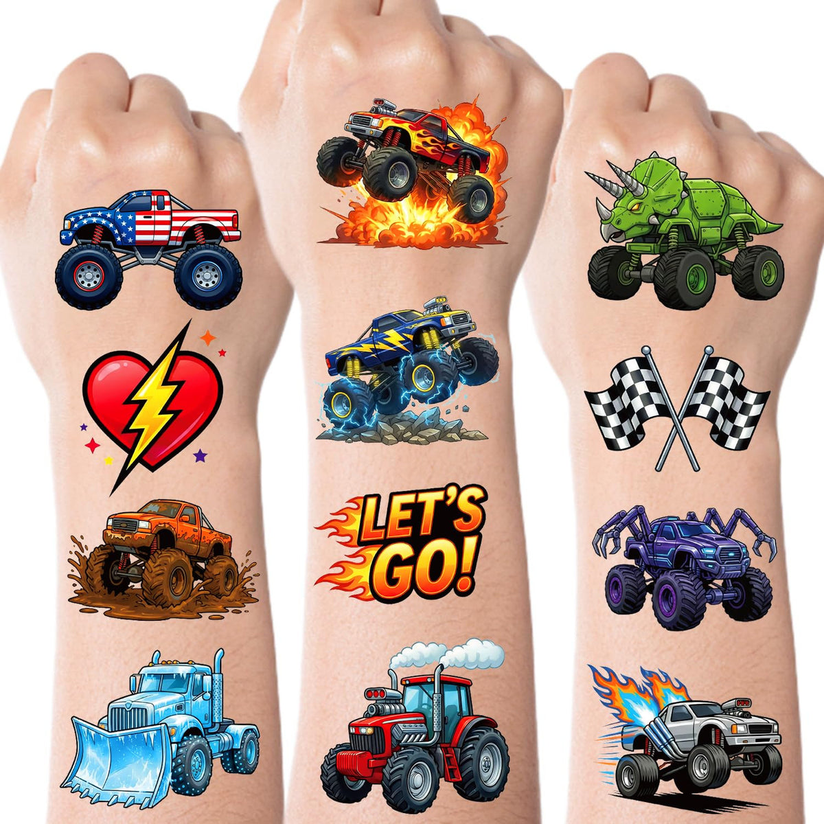 Monster Truck Temporary Tattoos for Kids Age 4-7 – Pre-Cut, No Scissors Needed