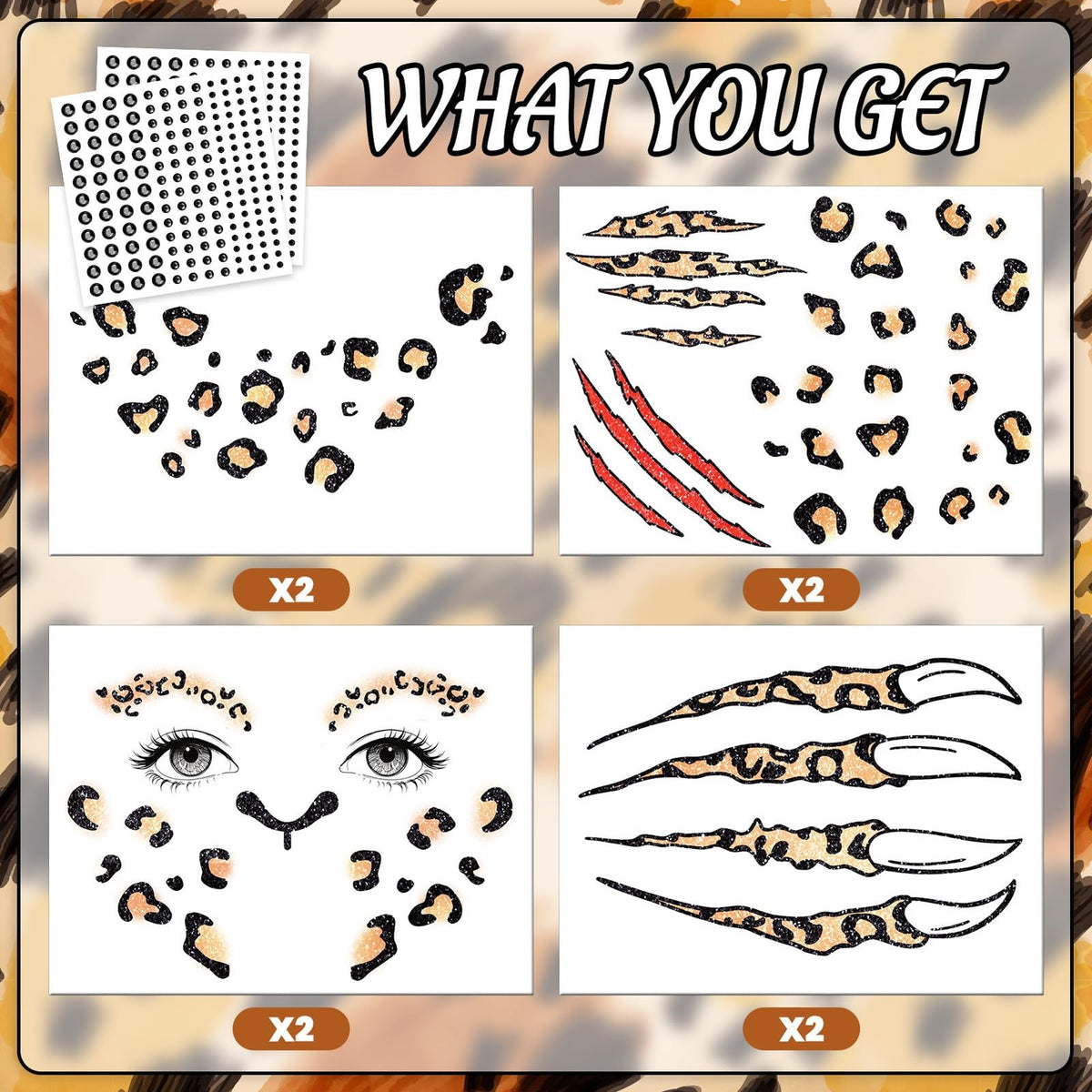 Halloween Leopard Face Paint Tattoos & Black Face Gems Set