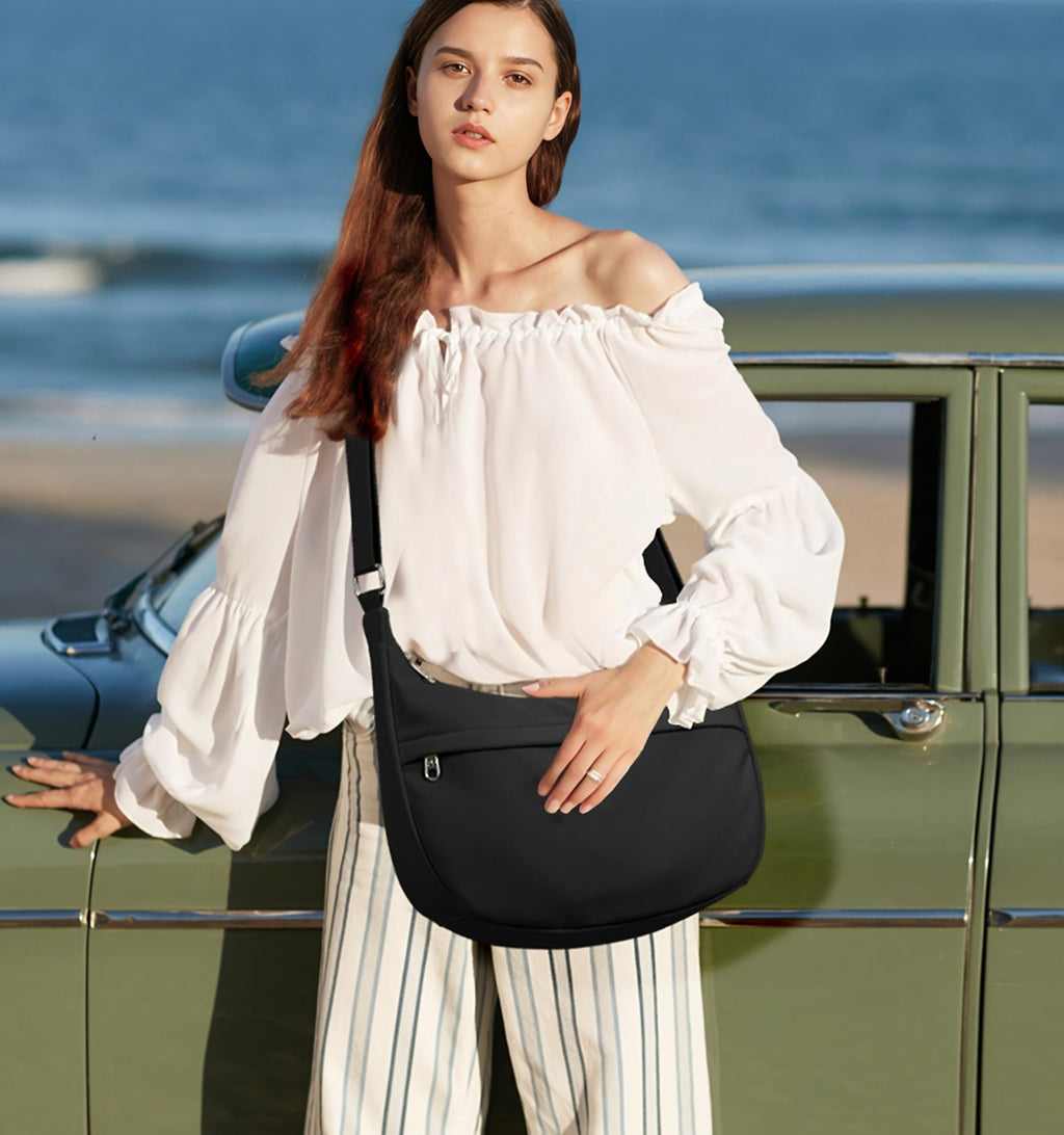 Medium Nylon Crescent Shoulder Bag - Unisex Crossbody Purse with External Pocket