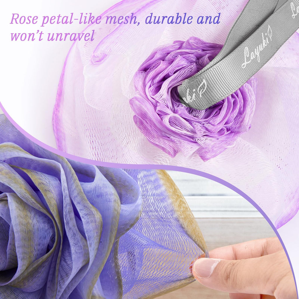 Rose-Shaped Bath & Shower Loofah Set - 2 Body Scrubbers in Purple and Grey