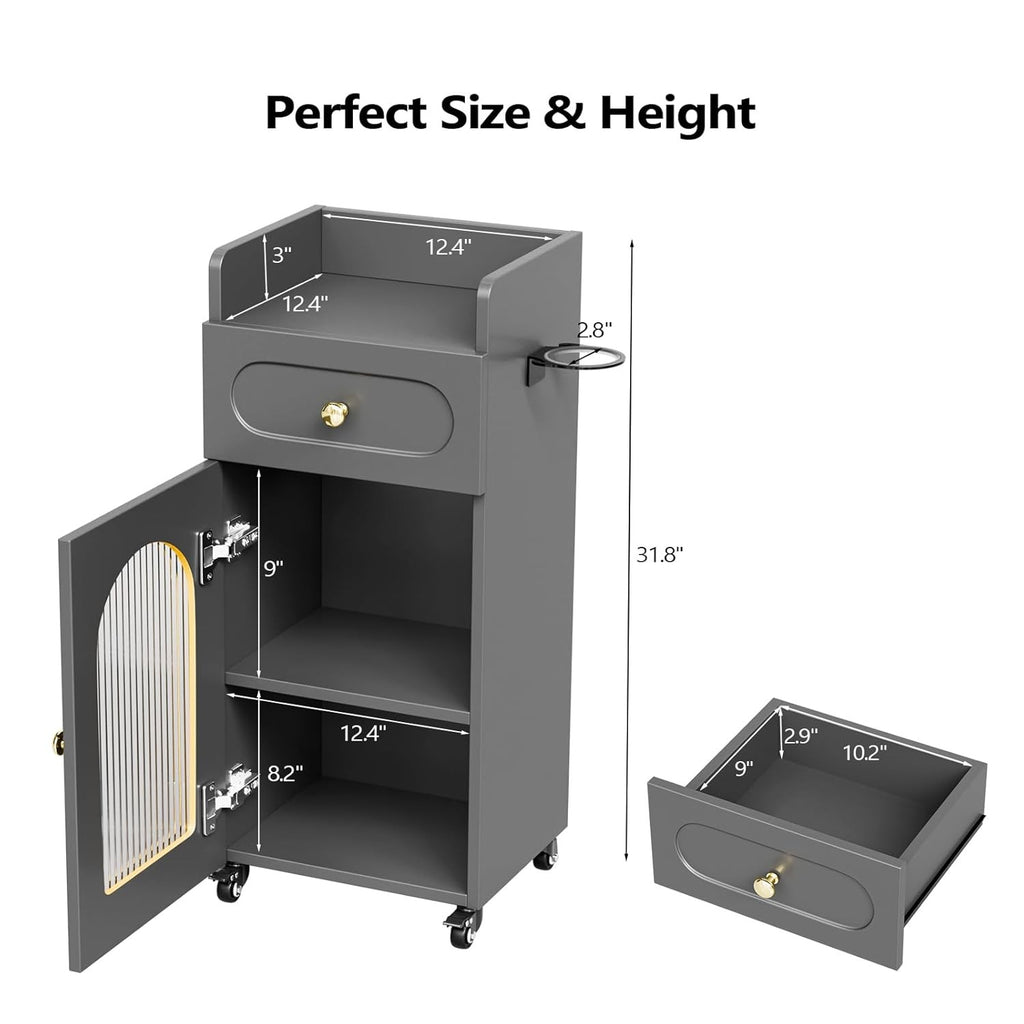 Salon Mobile Trolley Cart with Glass Door & Lockable Storage