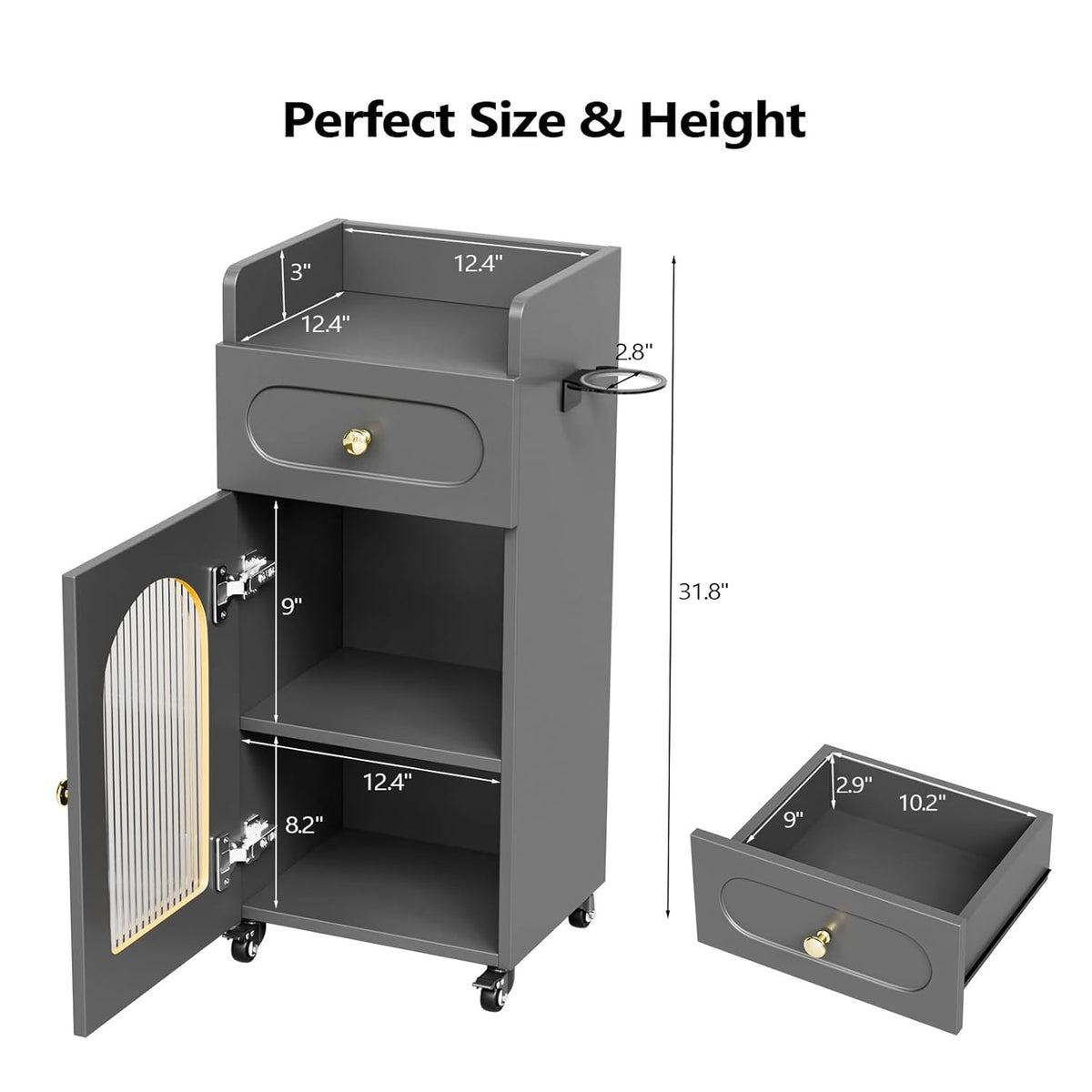 Salon Mobile Trolley Cart with Glass Door & Lockable Storage