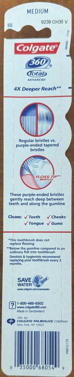 6 Pack Medium Toothbrushes with Floss Tip Bristles - Colgate 360 Total Advanced