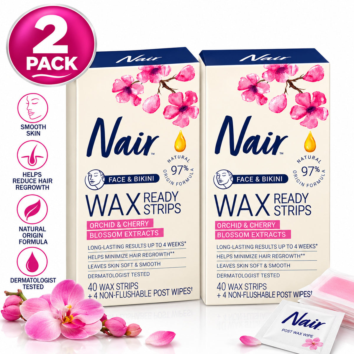 Face & Bikini Wax Strips with Orchid & Cherry Blossom Extracts – 80 Count