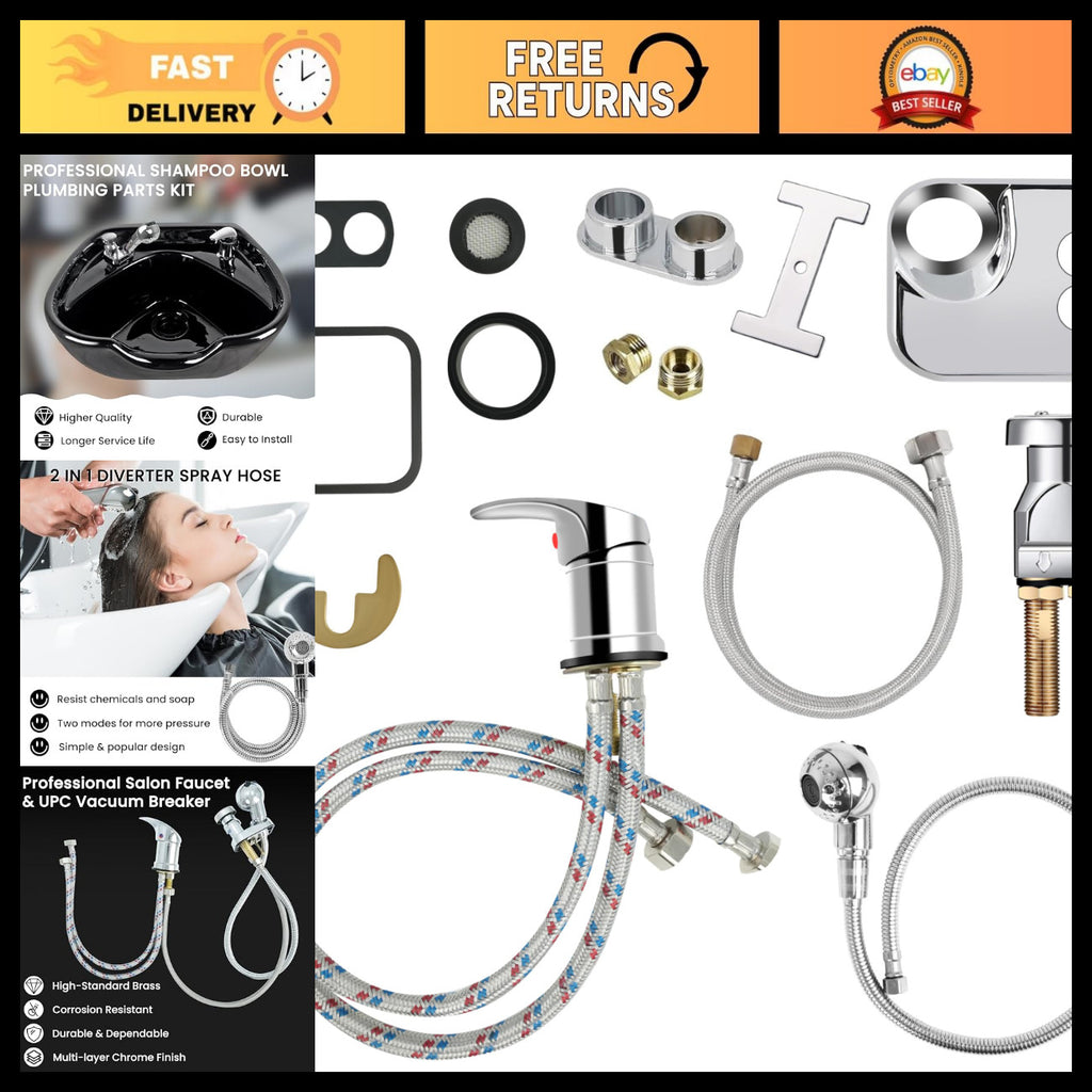 Salon Shampoo Bowl Faucet Kit with Chrome Hose and Adjustable Spray