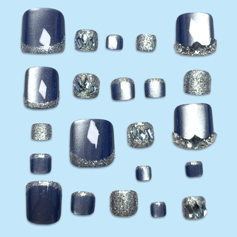 48Pcs Short Square Dark Blue Cat Eye Rhinestone Glitter Press-On Nails