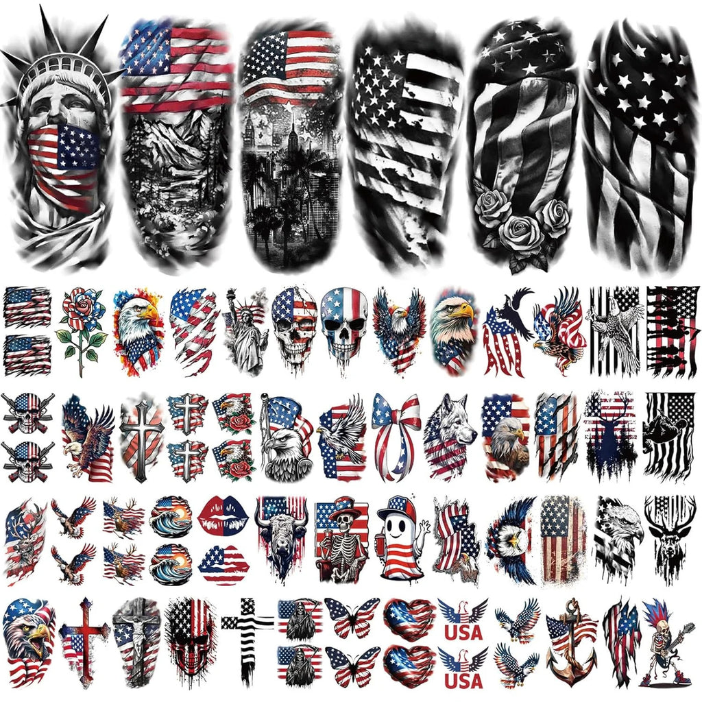 Patriotic Independence Day Temporary Tattoos – USA Flags, Fireworks, 77 Sheets Waterproof
