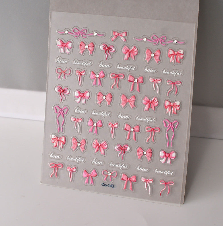 Pink Bowknot Nail Art Stickers - 1 Sheet Embossed Decor for Natural & Artificial Nails