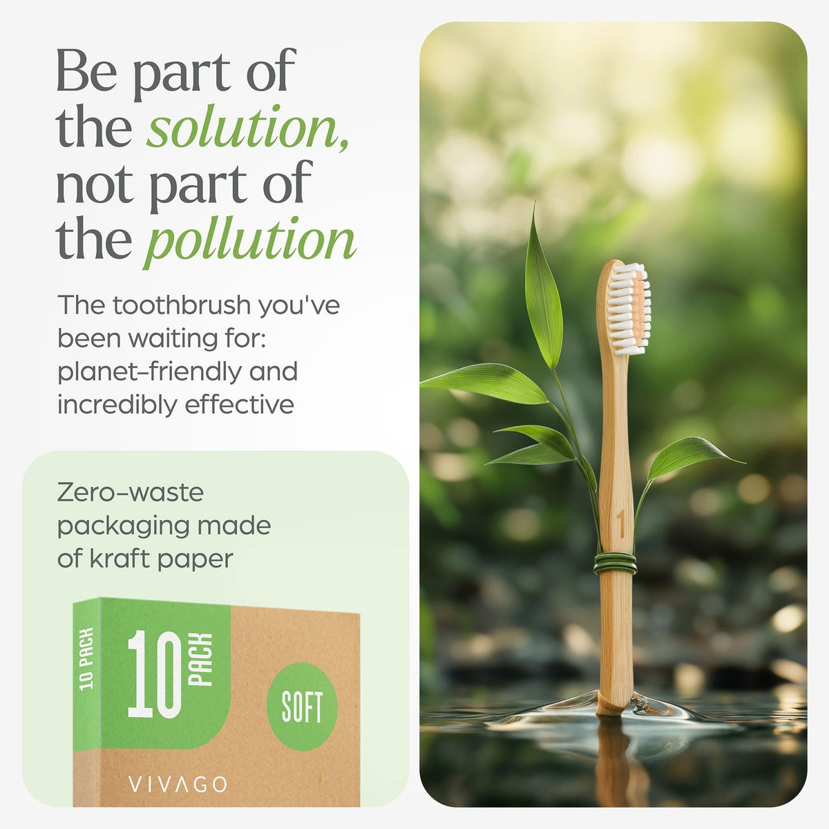 Bamboo Toothbrushes 10 Pack - BPA Free Soft Bristles Eco-Friendly