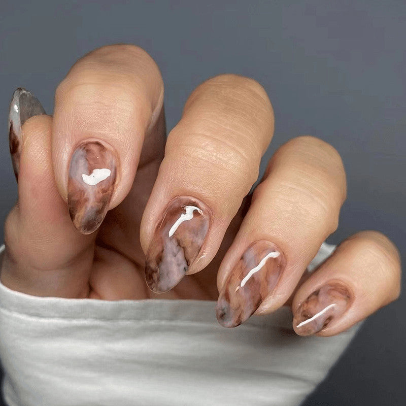 48pcs Almond Press On Nails Brown Marble Tortoise Shell Stylish Nail Art