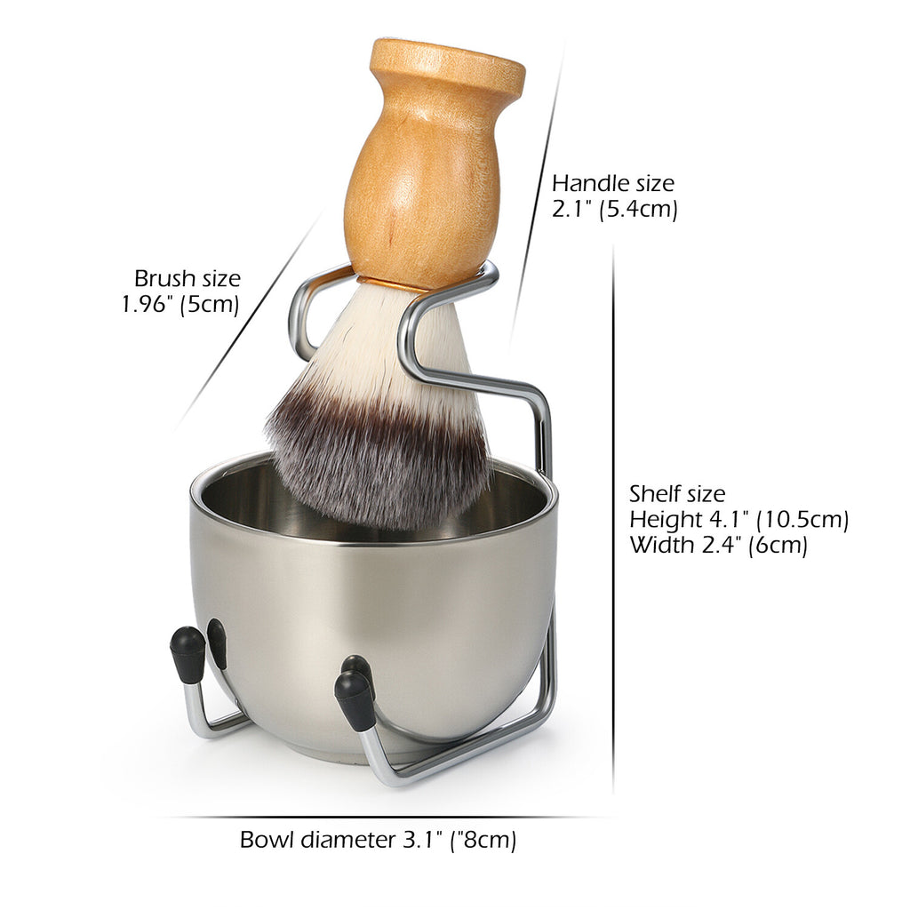 3-in-1 Men’s Shaving Brush Set with Wooden Handle & Stand — Includes Mug & Bowl