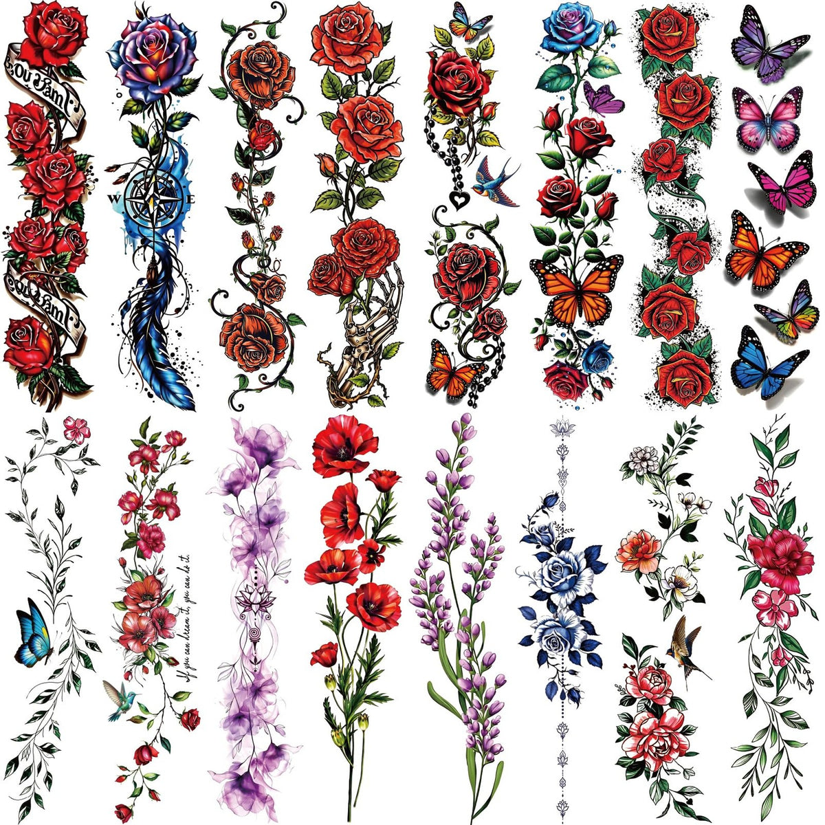 3D Flower Temporary Tattoos - Realistic 24-Sheet Floral Sleeve Set for Festival & Parties