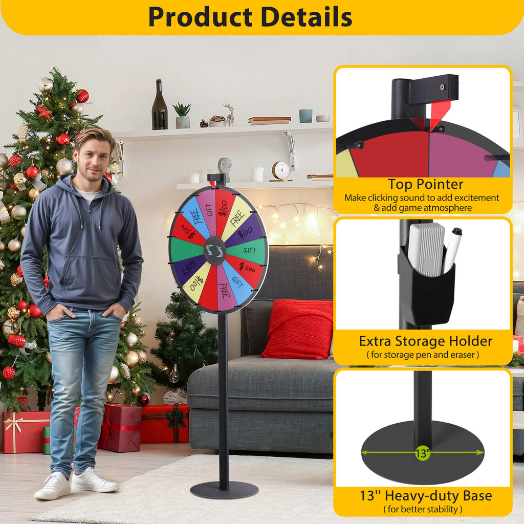 24-Inch Prize Wheel with 14 Customizable Slots & Dry Erase Markers - Floor Stand Spinning Game