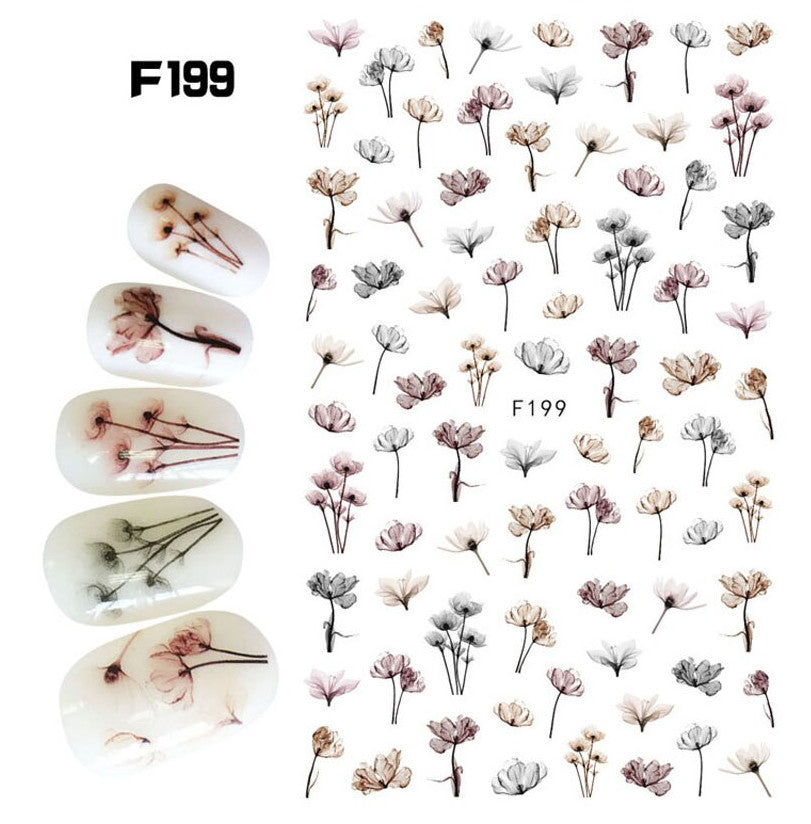 Water Effect Nail Art Decals Flowers Brown Transfer Stickers for Nails