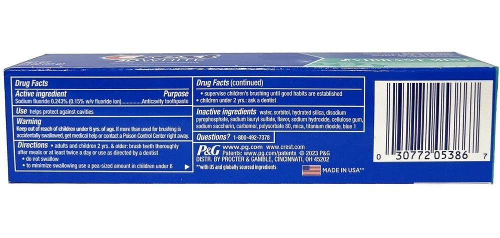 2-Pack Crest 3D White Fluoride Anticavity Whitening Toothpaste - Vibrant Mint 2.3 oz