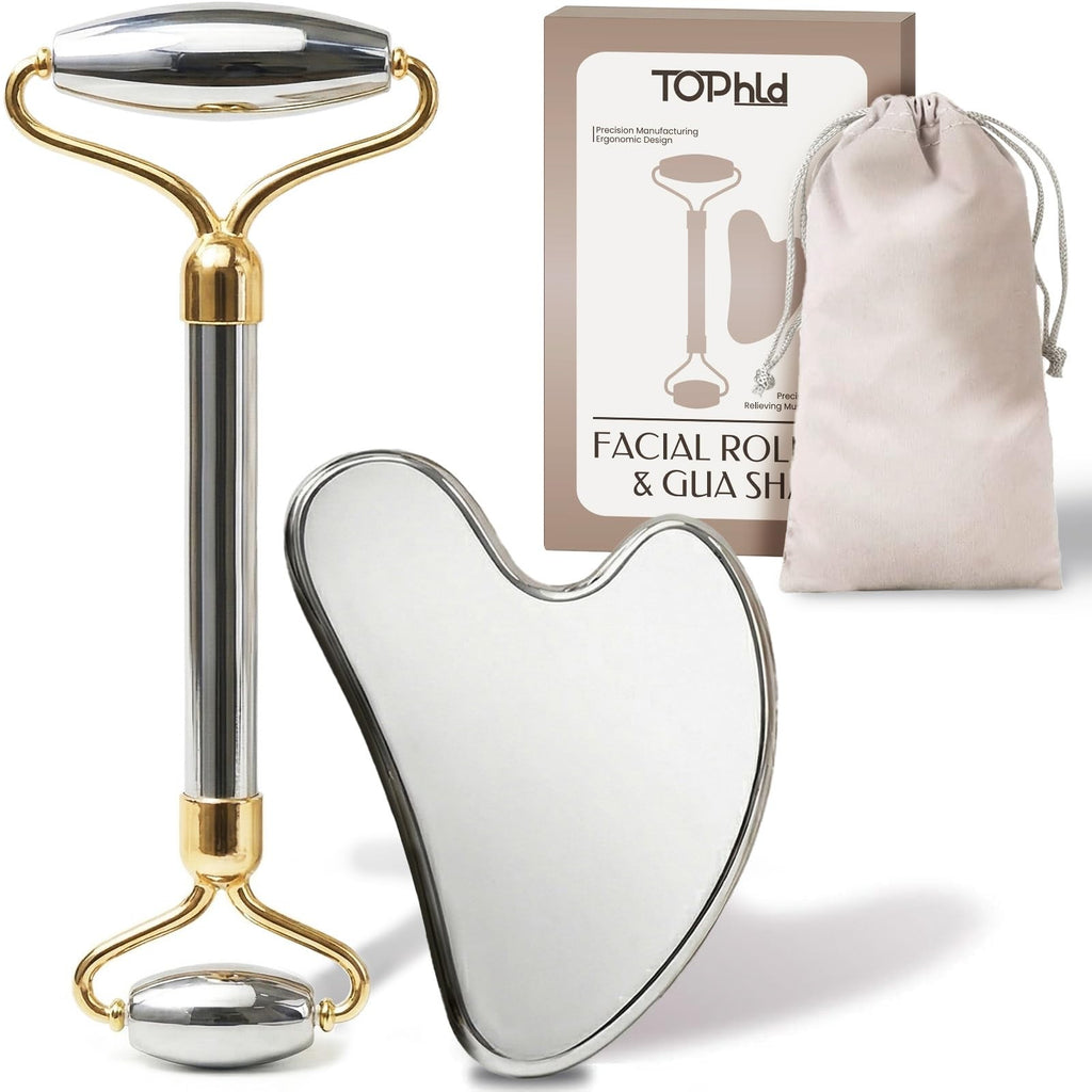 Stainless Steel Face Roller & Gua Sha Set for Skin Tightening & Facial Massage