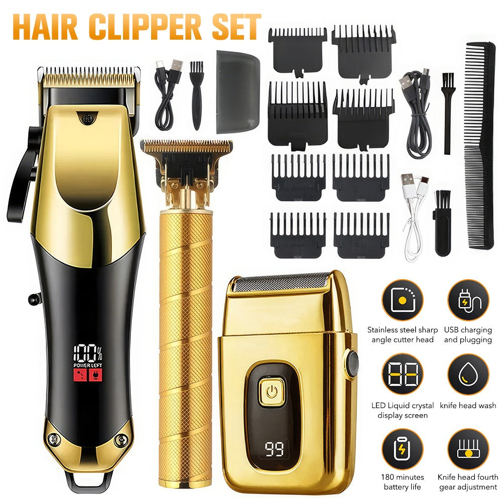 Men's Cordless Hair Cutting & Beard Trimmer Set with LED Display, 3-Piece Grooming Kit
