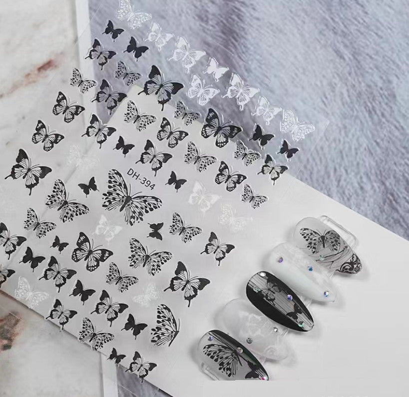 Nail Art 3D Sticker Sheets for Manicure Decals - White Black Lace Butterfly Heart