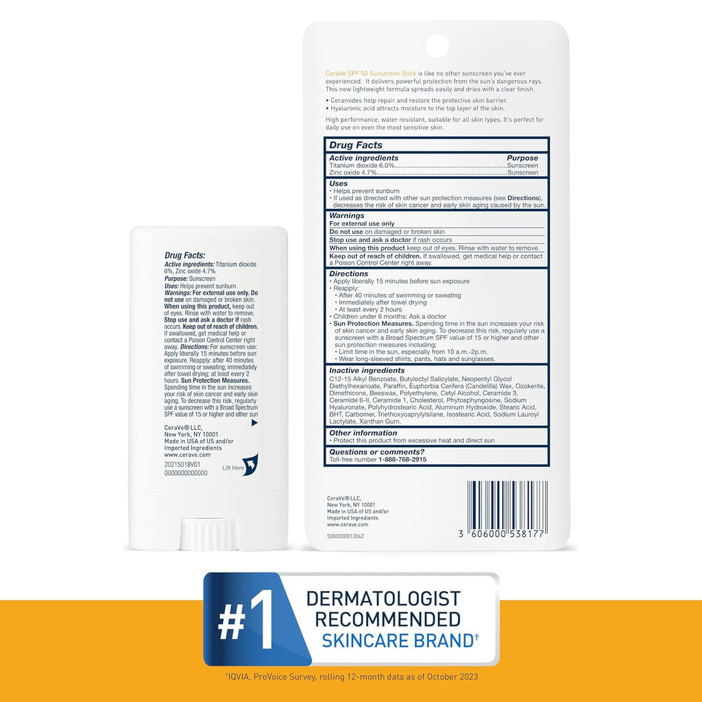 SPF 50 Mineral Sunscreen Stick - Invisible Zinc, Broad Spectrum, Water-Resistant, 0.47oz