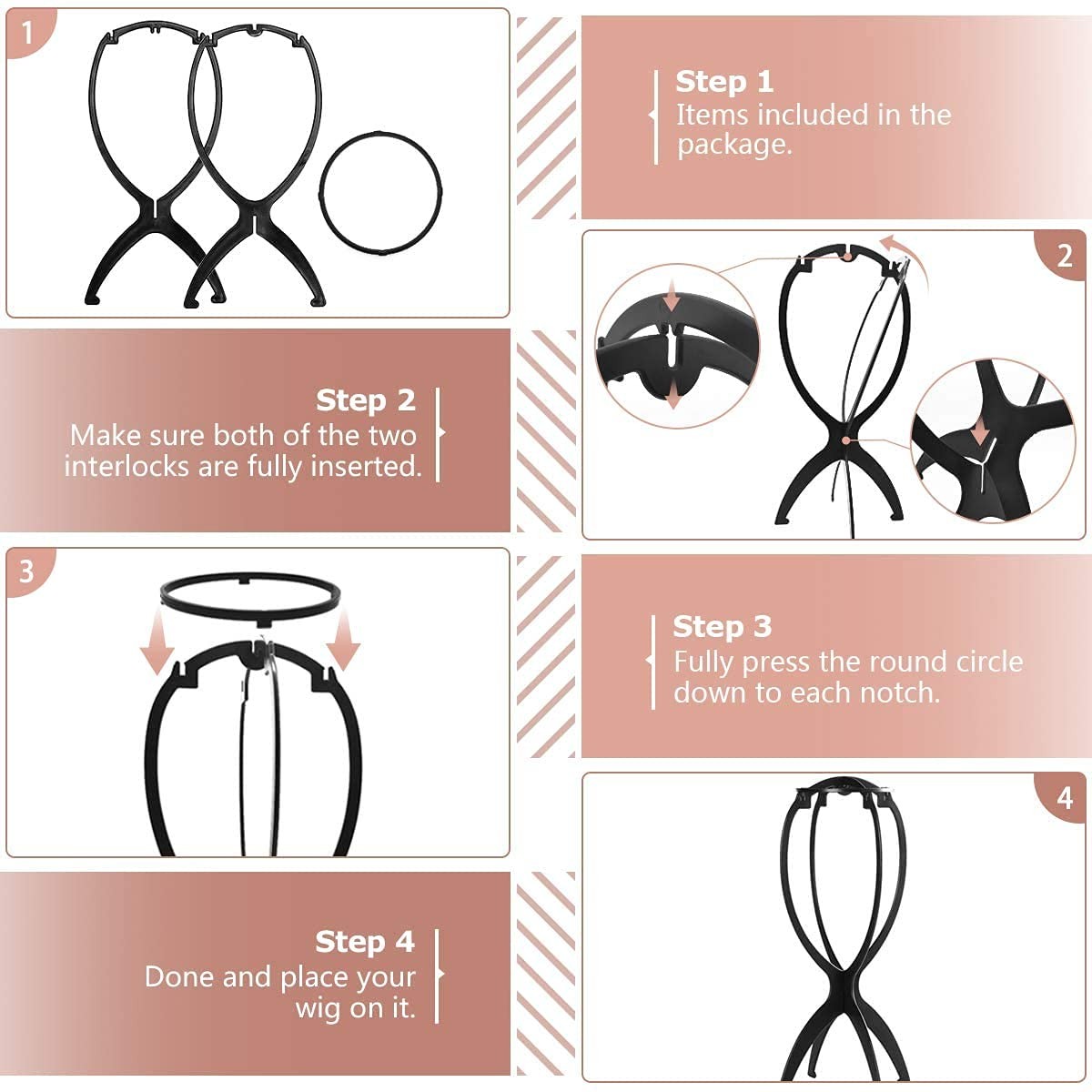 Wig Stand 14.2 Inch Collapsible Holder for Short Wigs - 3 Pack
