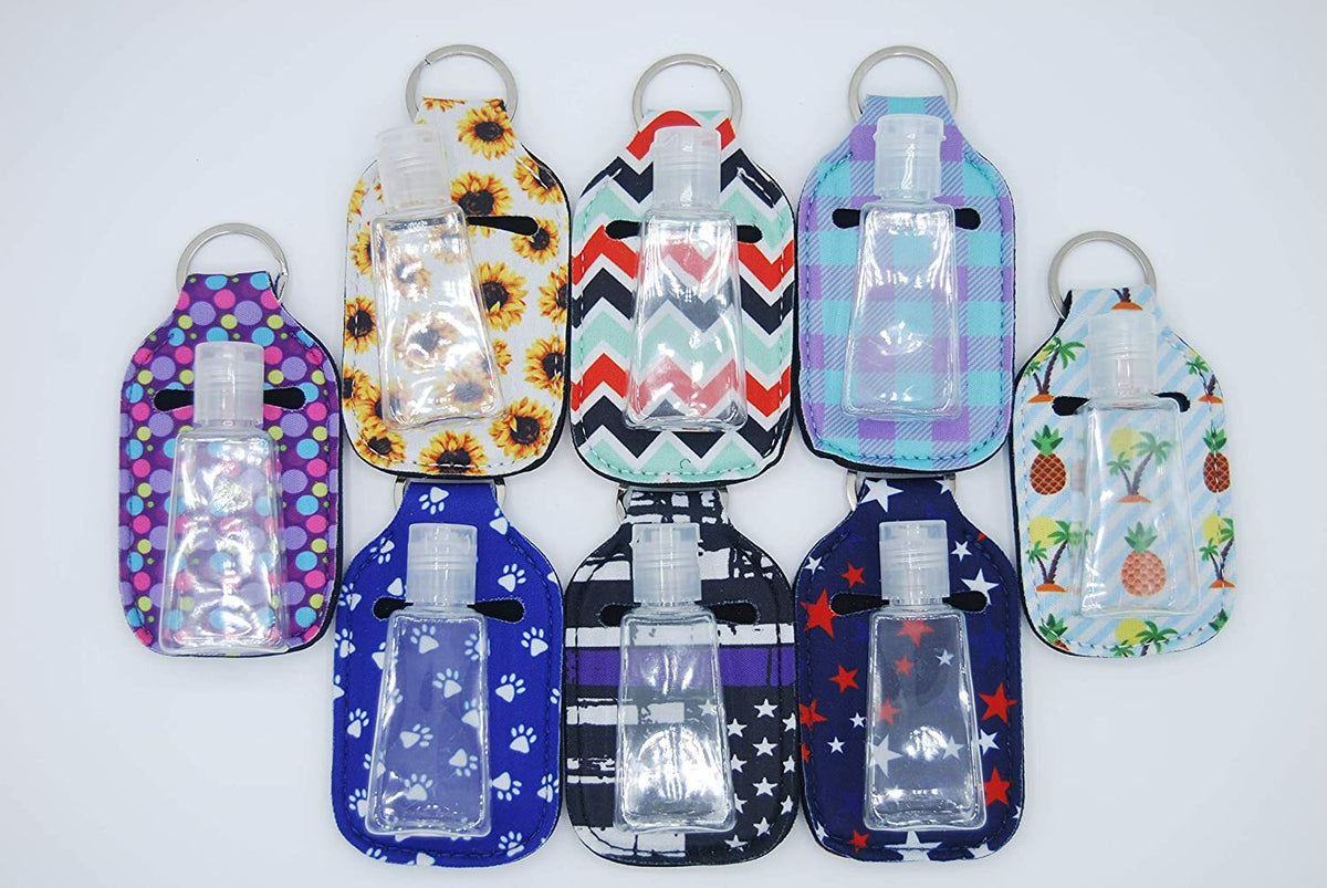 Neoprene Hand Sanitizer Keychain Holder with 30ml Refillable Bottle - 8 Pack