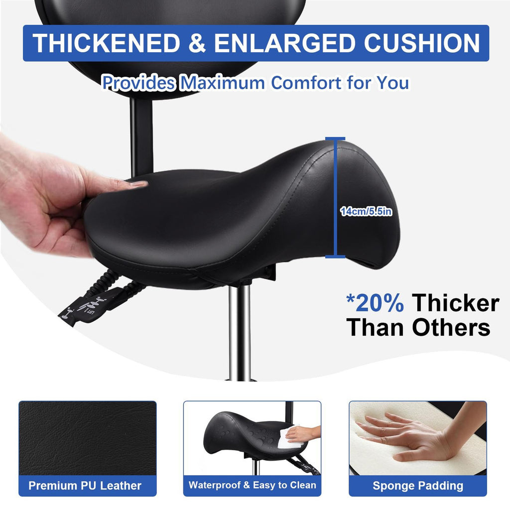 Ergonomic Saddle Stool with Wheels - Thickened Leather Seat, Adjustable Height