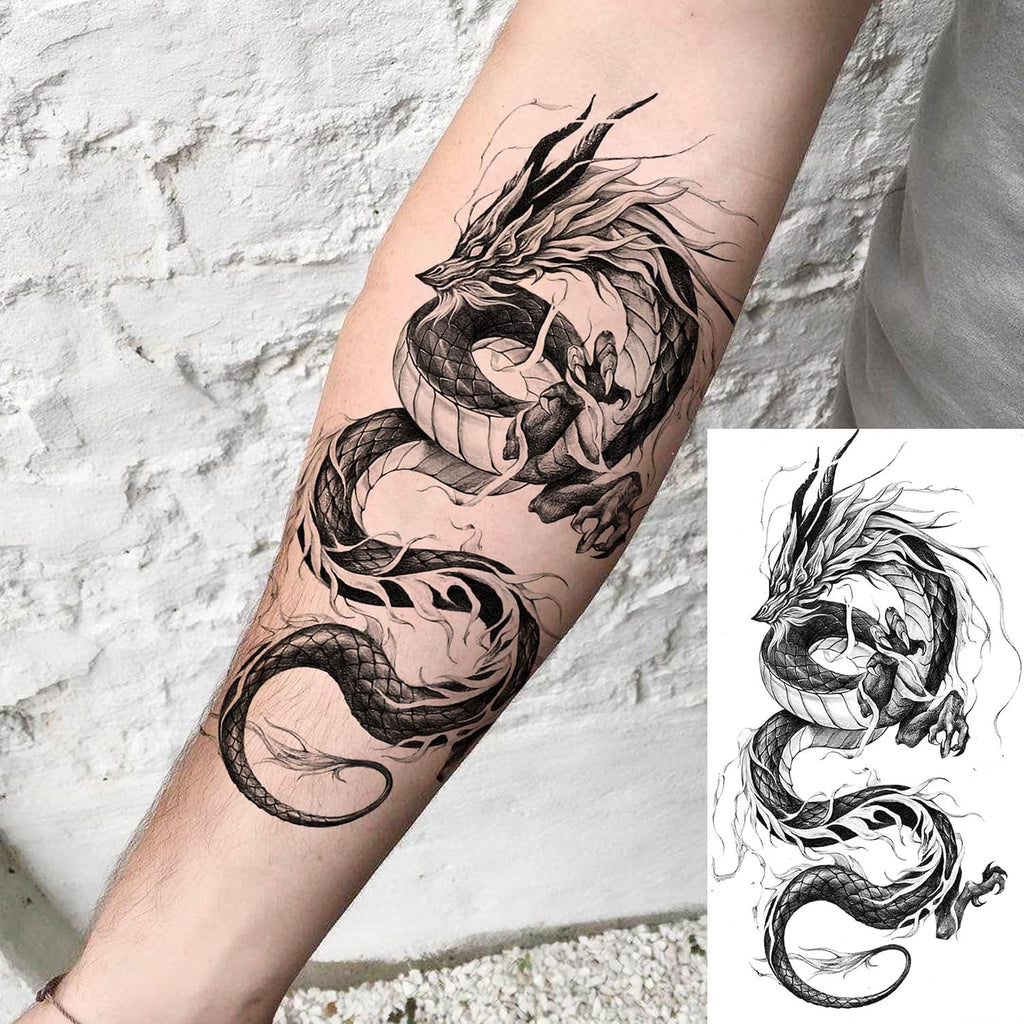 Dragon Temporary Tattoos Set – 8 Sheets Realistic Black Dragon Designs