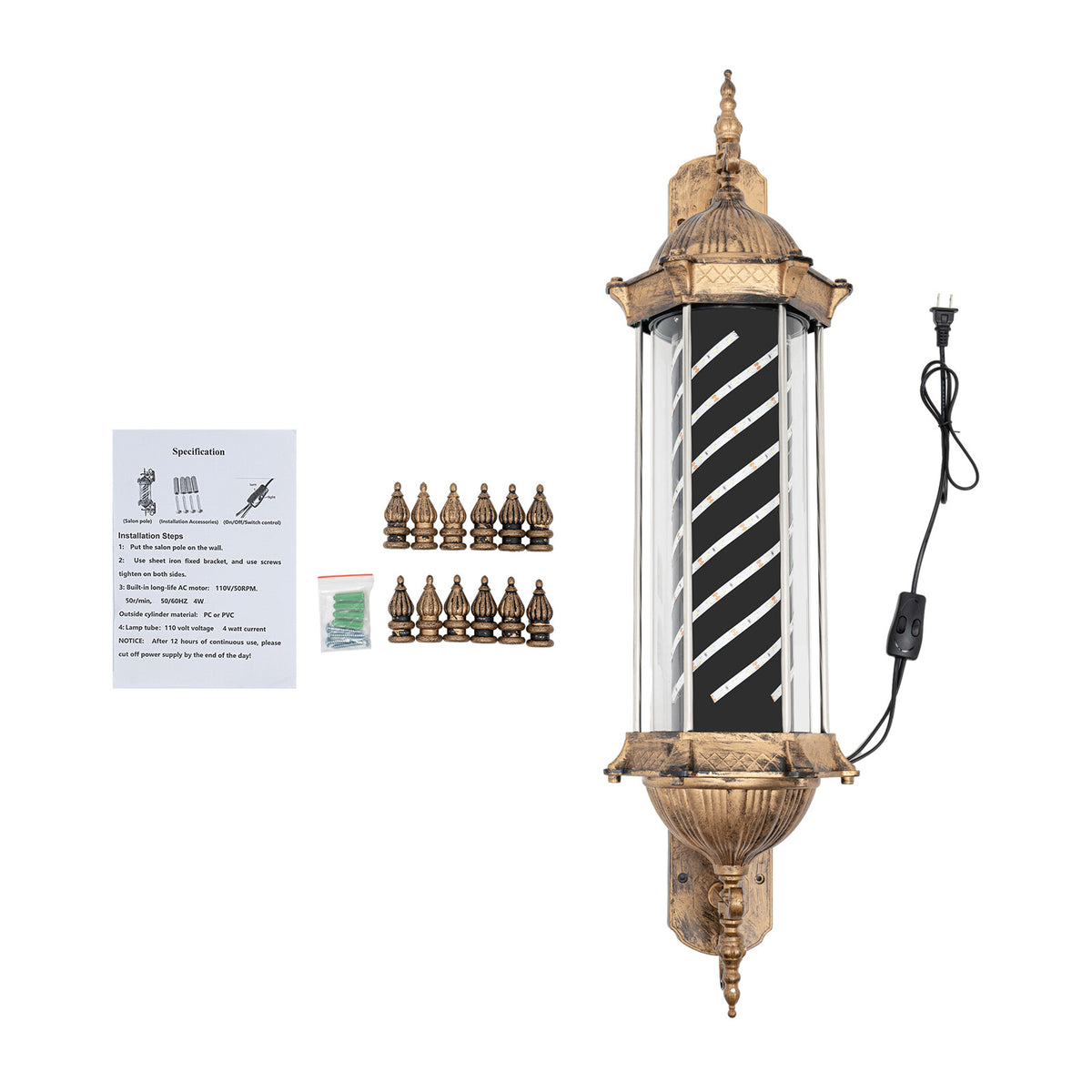 Vintage Barber Pole LED Light Rotating Sign Wall Mount for Hair Salons