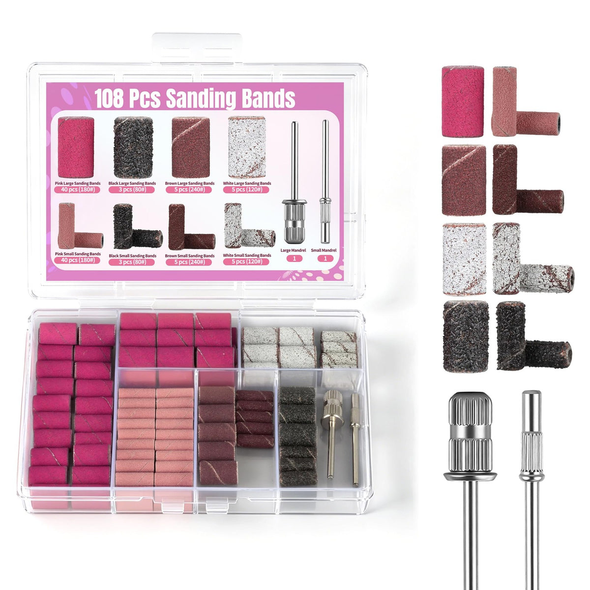 Nail Drill Sanding Bands Set 108pcs with 4 Grits for Manicure Pedicure
