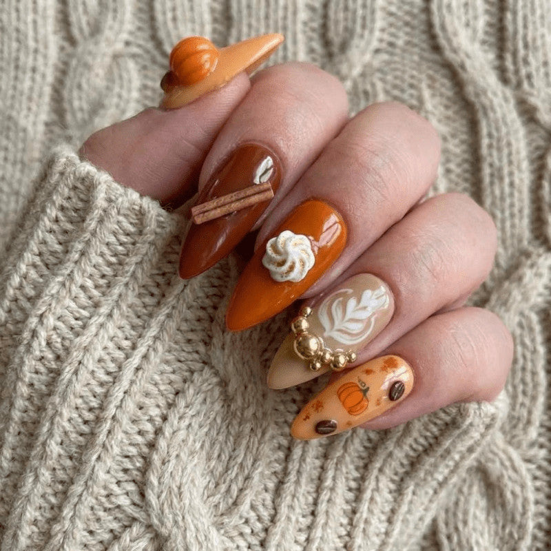 Fall Fake Nails Set with Gold Beads - Handmade Press-On Nails for Short and Long Styles