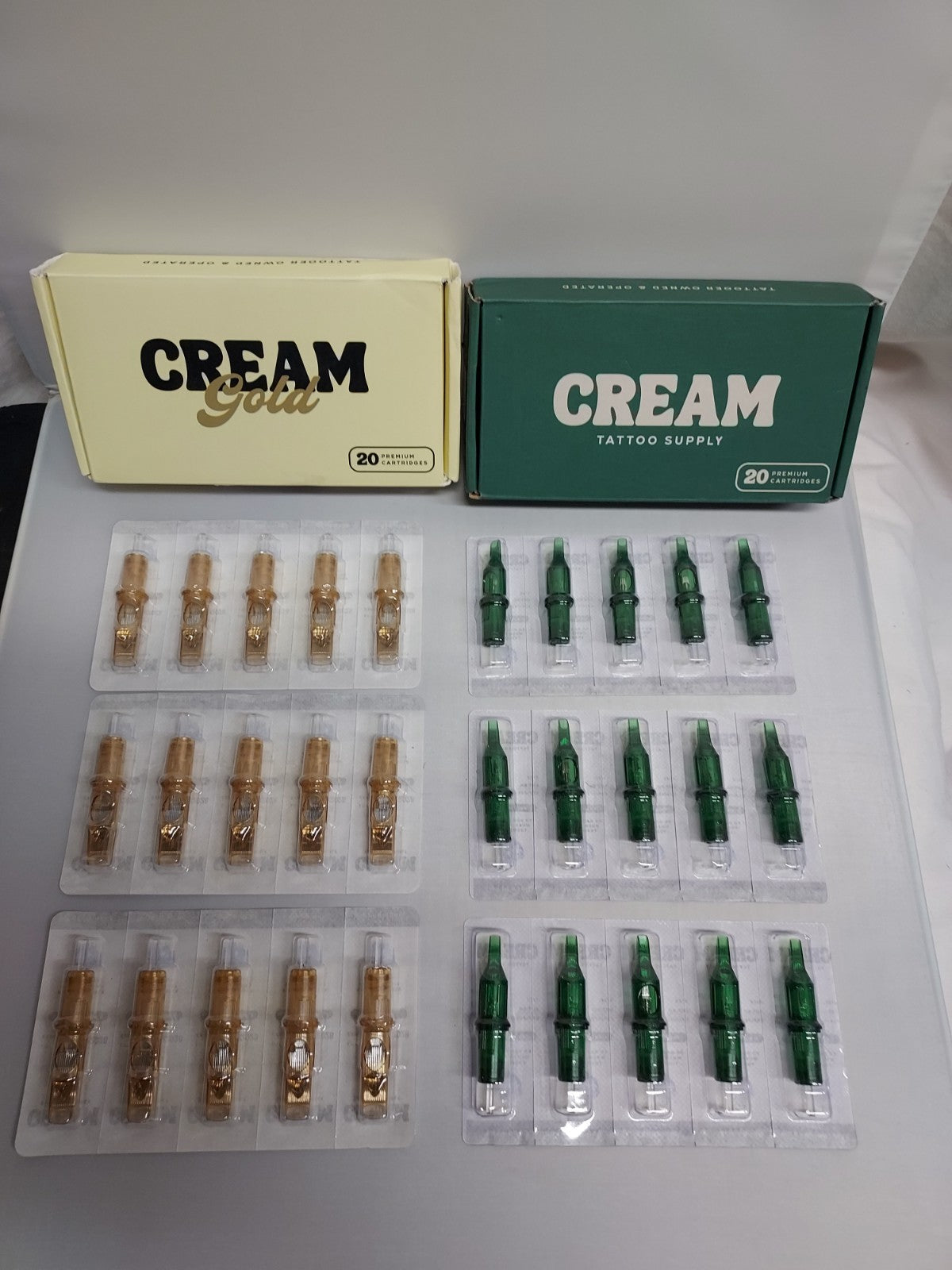 30 Green & Gold Tattoo Cartridges Open Boxes – 3.5mm Medium Taper, 23 Mag