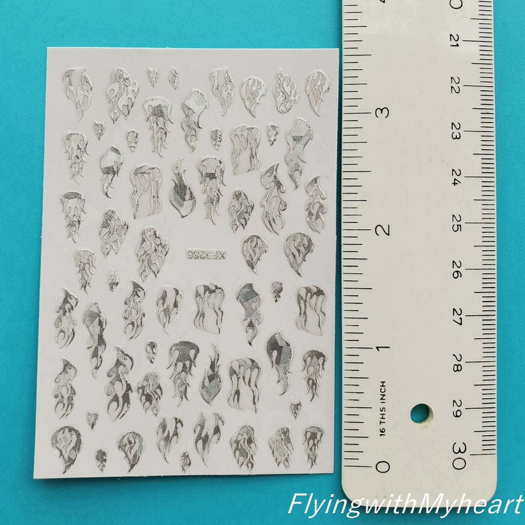 Laser Gold Fire Flame Nail Decal Stickers - Self-Adhesive Nail Art Sheets (5 Colors)