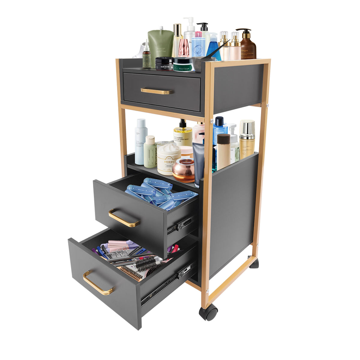 Mobile Salon Storage Cart with 3 Drawers and Hair Dryer Holder - Gold & Black