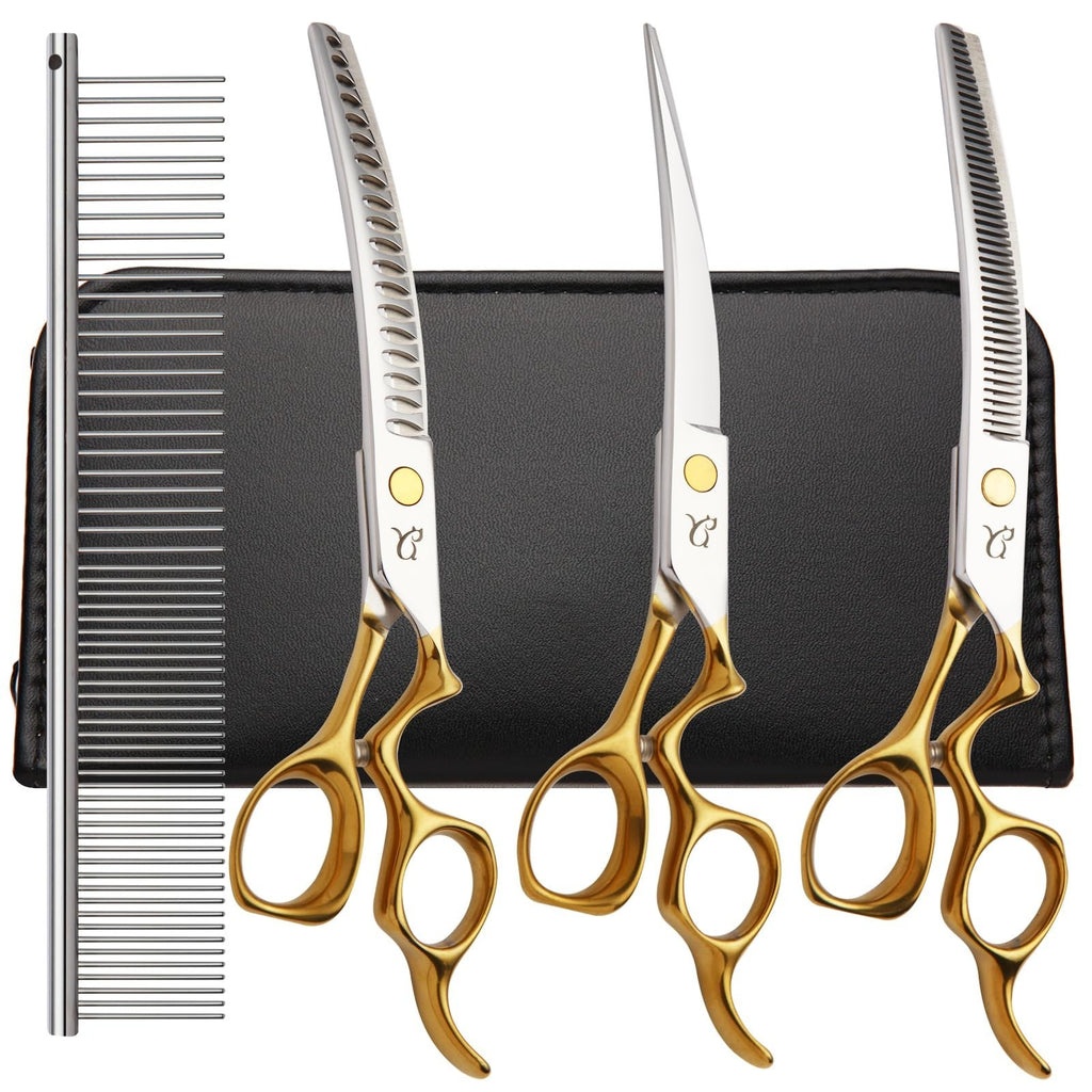 Dog Grooming Scissors Set with Curved Shears & Safety Tips - 4 in 1 Stainless Steel Kit