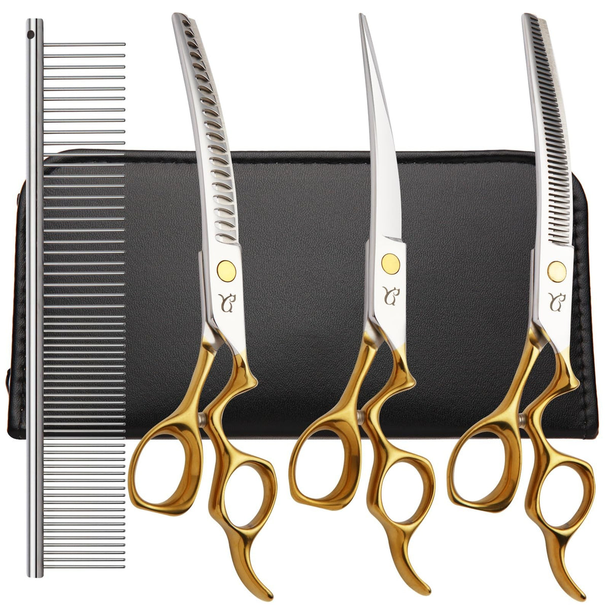 Dog Grooming Scissors Set with Curved Shears & Safety Tips - 4 in 1 Stainless Steel Kit