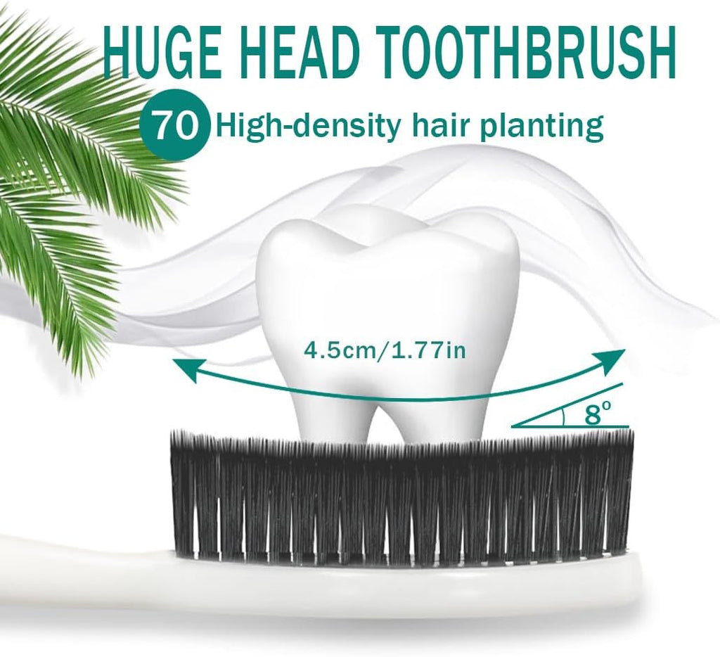 Large Long Head Toothbrush 4-Pack with Charcoal Bristles - Upgraded Firm Oral Care