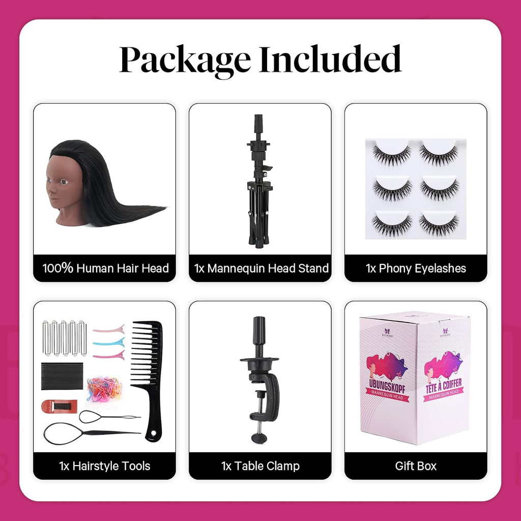18-Inch Real Hair Mannequin Head with Stand for Makeup & Hairstyling Practice