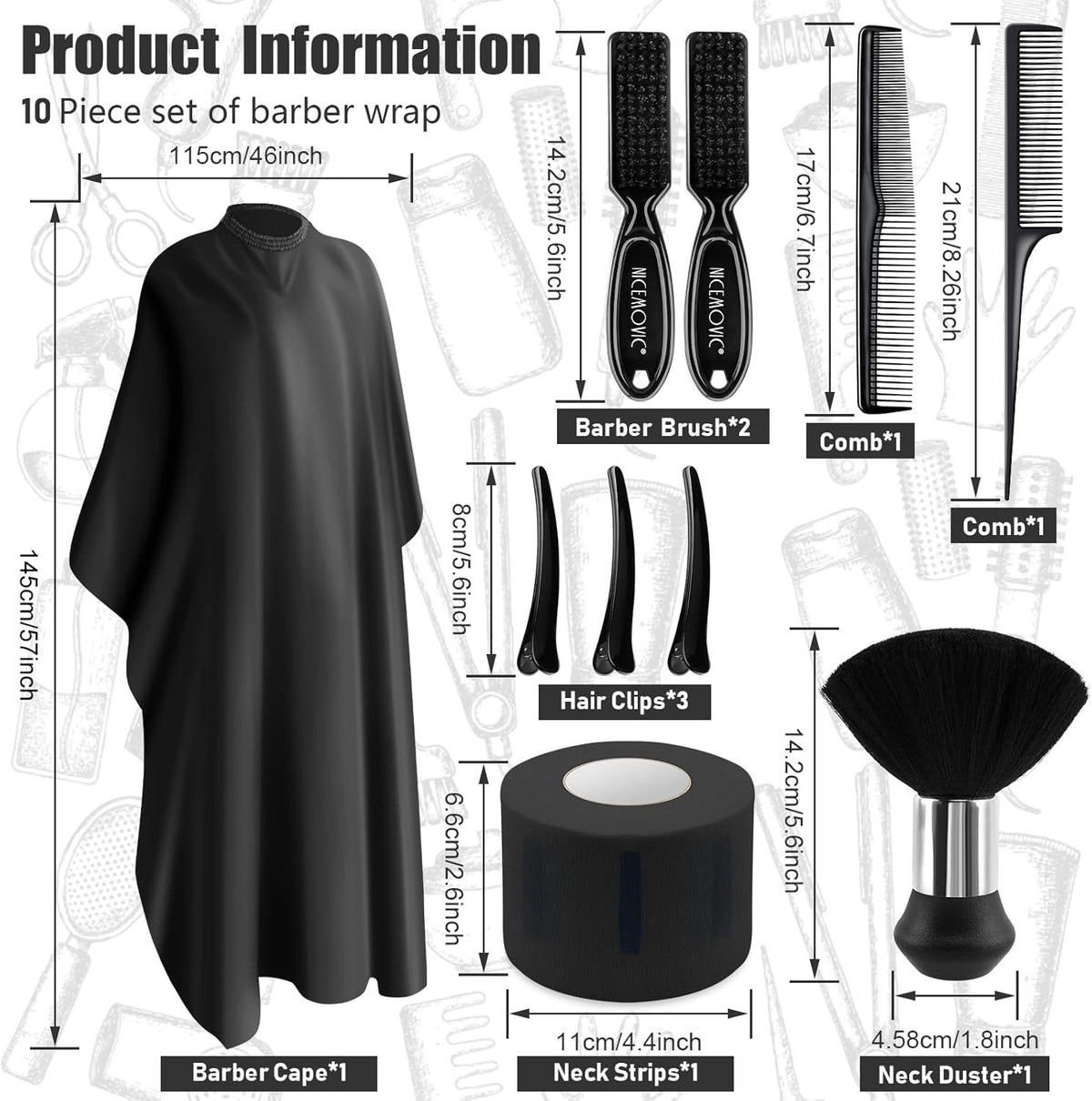 10 in 1 Barber Cape Set with Neck Duster Brush & Hair Combs