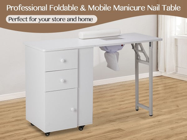 Foldable Manicure Table with Lockable Wheels & Built-in Storage
