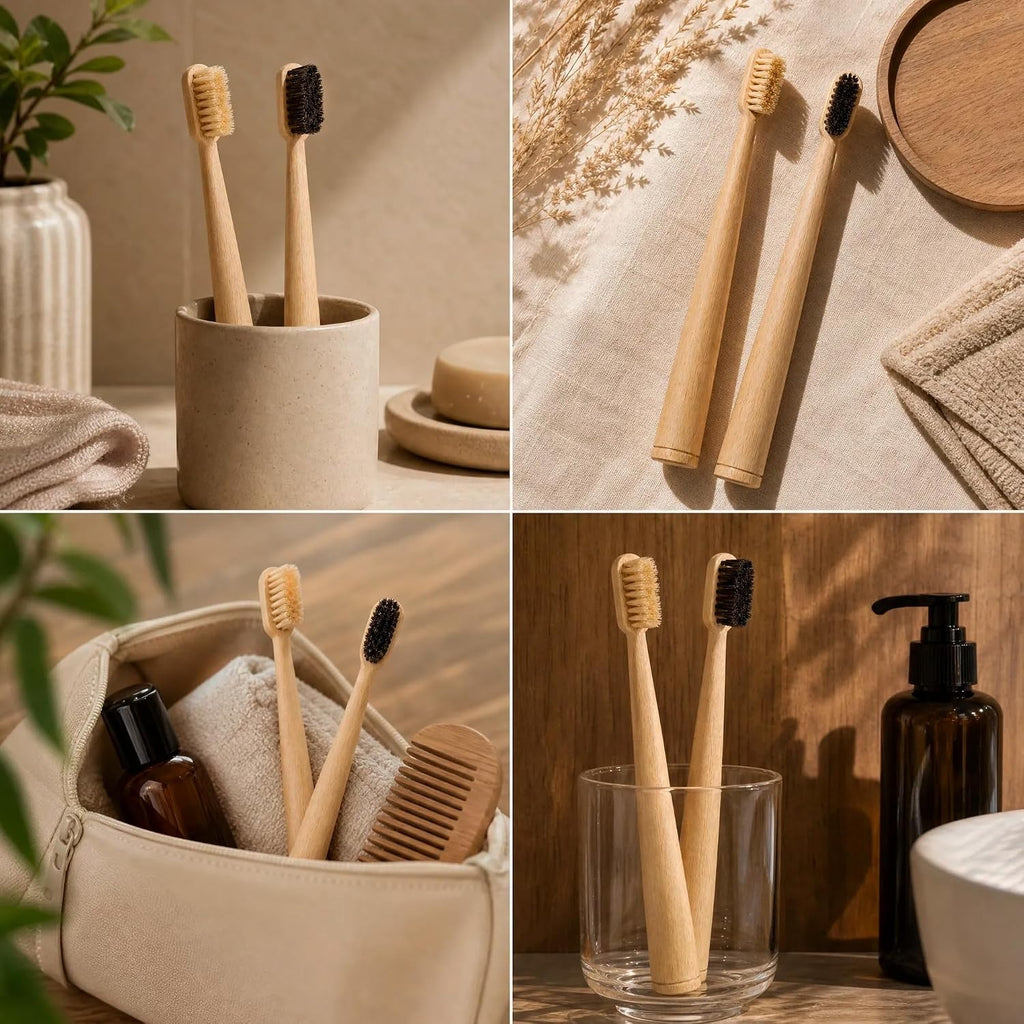 Natural Bamboo Toothbrush Set with Boar & Horsehair Bristles - Eco-Friendly & Quick-Dry