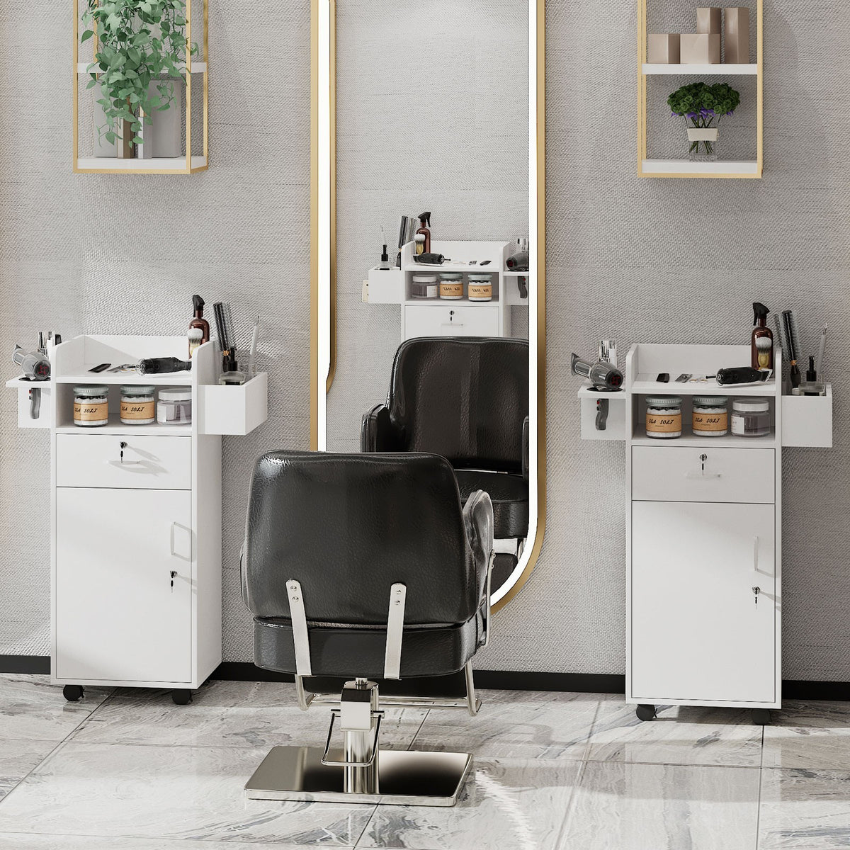 Rolling Hair Styling Station Barber Cabinet with Lockable Wheels and Storage